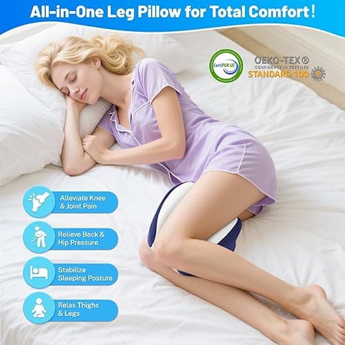 TranquilMoments Knee Pillow for Side Sleepers, Leg Pillow with Cooling Cover, Memory Foam Leg Pillow for Side Sleeping, Heart-Shape Cushion for Hip, Back & Sciatica Pain Relief, Blue thumbnail 9
