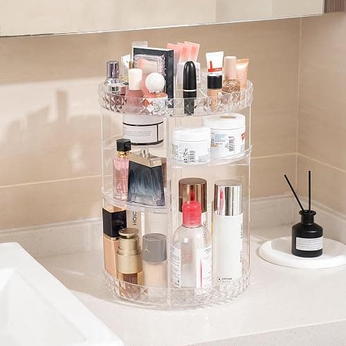V-HANVER 360 Rotating Makeup Organizer Perfume Organizer Clear Cosmetic Storage Display Case Large Capacity Acrylic Beauty Holder Adjustable Partition Height for Bedroom Dresser or Bathroom Vanity - Clear thumbnail 5