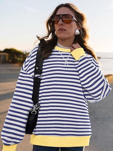 PRETTYGARDEN Womens Striped Oversized Sweatshirt Lightweight Fall Clothes | Stitching Crew Neck Sweatshirts Women, Long Sleeve Casual Loose Pullover Top, Color Block Y2K Outfits, Fashion Clothing thumbnail 6