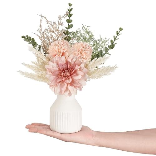 Mkono Small Artificial Flowers in Ceramic Vase 13.5" Centerpieces Coffee Table Decor, Silk Flower Arrangements for Home Decor Indoor Fake Flower Bouquet for Bathroom Dining Room Kitchen Wedding Pink thumbnail 6