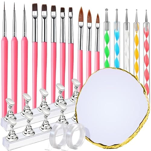 FANDAMEI Nail Art Tools, Nail Design Tools, Nail Art Brushes, Nail Brush Set With Nail Stand, Nail Holder For Painting Nails, 11PCS Nail Brushes For Nail Art, Nail Dotting Tool, Nail Art Palette, Pink - Image 1