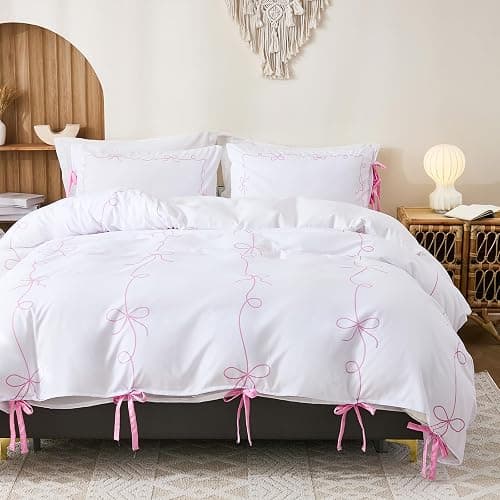 Pink Bow Duvet Cover Twin White and Pink Bedding Set Bowknot Bow Tie Cute Bedroom Decor Girls Coquette Comforter Cover Romantic Dreamy Decor thumbnail 8