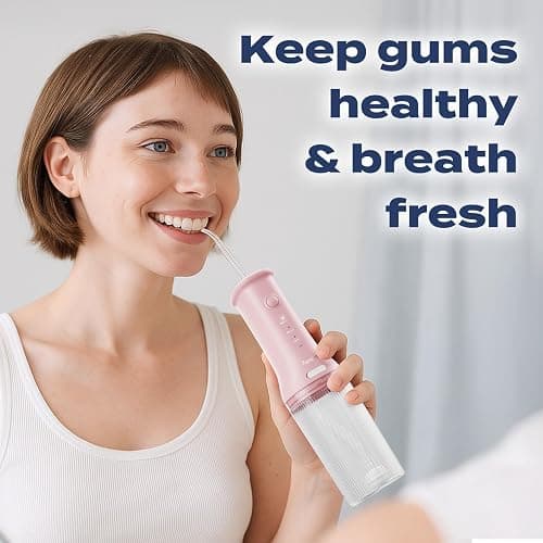 7AM2M Portable Cordless Water Flosser, Oral Irrigator with 3 Modes & 2 Tips, Fast Rechargeable, IPX7 Waterproof, Dental Water Flosser for Travel and Home Use (Pink) thumbnail 6