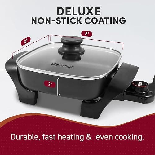 Elite Gourmet EG808 8” x 8" Non-stick Electric Skillet, Dishwasher Safe with Tempered Glass Vented Lid, Rapid Heat Up, 600W, Black thumbnail 8