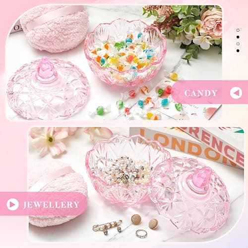Tioncy 2 Pcs Powder Puff Container Set 6" Glass Jar,Pink,Pumpkin | Extra Large, Soft Velour Powder Puff Washable Reusable, Body Dusting Makeup Apply, Vintage Crystal Glass Design Xmas Gift thumbnail 5