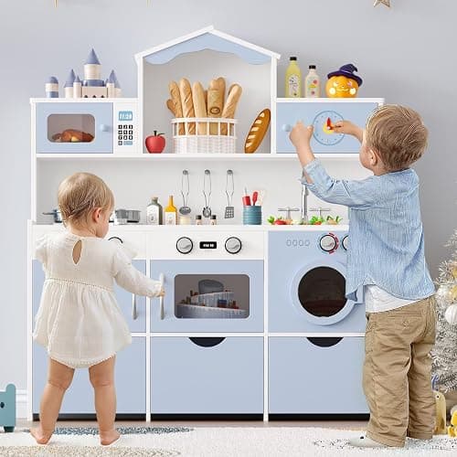 Keyluv Wooden Play Kitchen for Kids and Toddler, Montessori Toy Kitchen Playset with Plenty of Pretend Play Features and Storage Drawers, Gift for Boys and Girls, Blue thumbnail 3