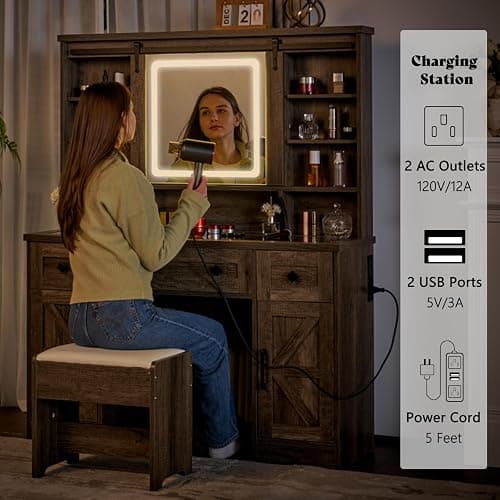AMERLIFE 47.2" Farmhouse Vanity Desk with Mirror and Lights, Rustic Makeup Vanity Table with Charging Station, Vanity Set with Stool & Storage, LED Sliding Mirror & Glass Top, Dark Oak Finish thumbnail 8