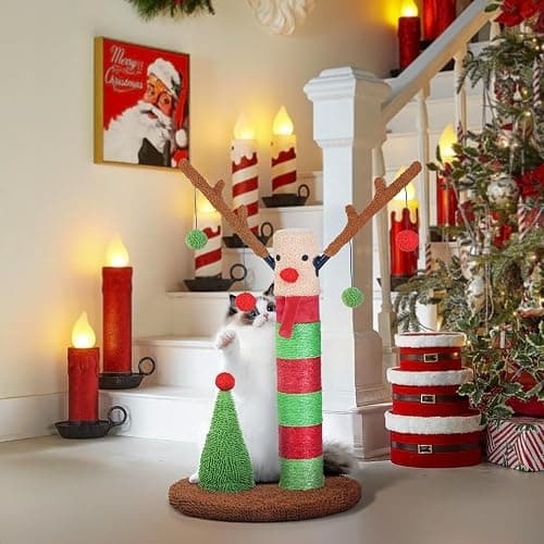 BOLUO Christmas Cat Scratching Post Deer Cat Trees for Adult Cats Scratcher Cute Toy Kitten Kitty Sisal Scratch with Teaser Ball Indoor 25 inch thumbnail 3