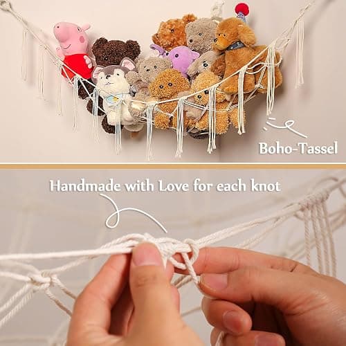 YKBU Stuffed Animals Hammock Corner Hanging Net Macrame Stuffed Animal Storage Plush Toy Holder Toy Organizer for Boho Nursery Playroom Bedroom Kids Room (cream, Large) thumbnail 2