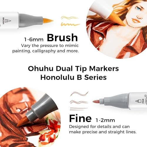 Ohuhu Skin Tone Alcohol Markers Brush Tip - 36 Portrait Skin Color Markers for Artist Adults Coloring Illustration - Fine and Brush Dual Tips - Honolulu B - Refillable - AP Certificated thumbnail 2