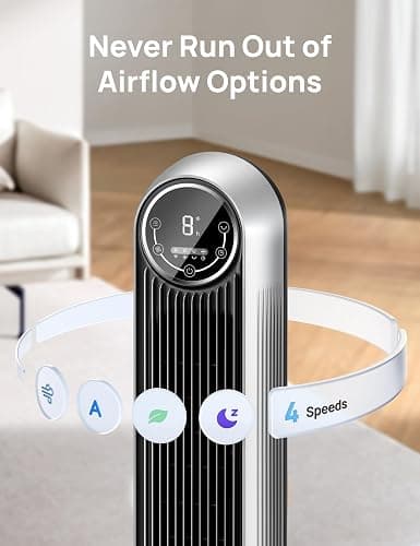 Dreo Tower Fan for Bedroom, 25ft/s Velocity Quiet Floor Fan, 90° Oscillating Fans for Indoors with 4 Speeds, 4 Modes, 8H Timer, Bladeless Fan, Standing Fans, Silver, Nomad One (DR-HTF007) thumbnail 3