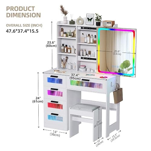 Gurexl RGB Vanity Desk with Sliding Mirror and Lights,Glass Top Makeup Vanity with Wireless Charging Station,7 Dynamic and 7 Static Dimmable Dressing Table with 5 Drawers,Shelves,Hooks,Stool thumbnail 2