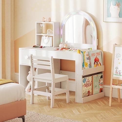 Costzon Kids Vanity with Lights, Girls Vanity Set with Mirror, Bookshelf, Drawer, Storage Cabinet & Shelves, Toddler Makeup Vanity Desk Dressing Table, Kids Vanity Table and Chair Set (White) thumbnail 2