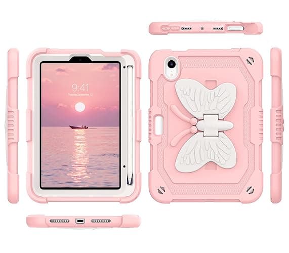 DUEDUE Case for iPad mini 7 (A17 Pro) 2024,iPad mini 6 Case 2021, Butterfly Wings Kickstand with Pencil Holder Shockproof Protective Tablet Case for iPad mini 7th/6th Gen Kids, Beige/Pink thumbnail 8