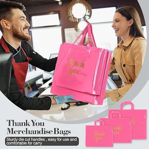 Teling 200 Pcs Thanks Bags with Handle Bulk Thank You Merchandise Bags 3 Size Plastic Packet Retail Shopping Package for Boutique 9 x 12'', 12 x 15'', 15 x 18''(Pink) thumbnail 4