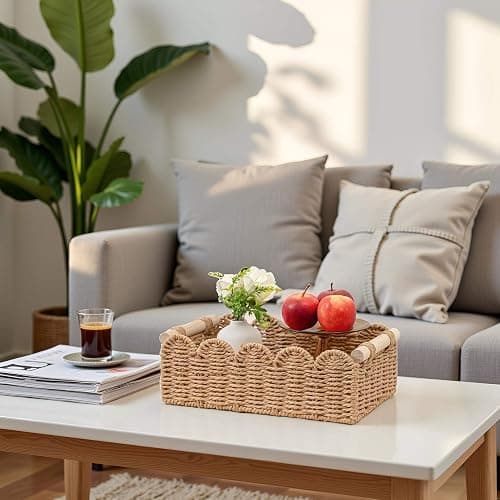 CubesLand Paper Rope Scalloped Edge Toilet Paper Storage Basket, Small Living Room, Bedroom Decor Baskets for Over Toilet Storage Shelf, End Table, Shelves and More, with 2 Wooden Handle, Neutral thumbnail 5