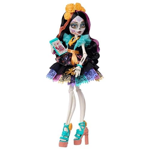 Monster High Skelita Calaveras Doll | Skeleton in Colorful Papel Picado Dress with Pet Dog Candelita & 7 Accessories like Sketch Book, Snack & Messenger Bag, JHK34 thumbnail 6