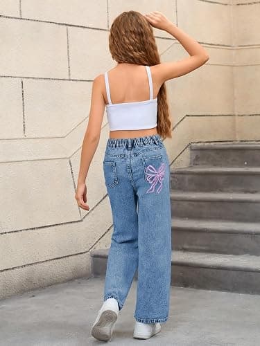 WDIRARA Girl's Bow Print Back Zipper Fly Elastic High Waist Denim Pants Basic Wide Leg Jeans thumbnail 5