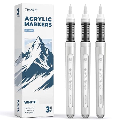 JusArt 3 White Acrylic Paint Markers Brush Tip, Automatic Ink Control | Water-Based White Paint Pen, School Classroom Use, Waterproof Acrylic Pens for DIY Art & Crafts -Fabric, Wood, Rock, Plastic - Image 1