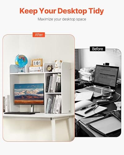 VEVOR Wood Desk Shelf, Desktop Bookshelf, Desk Storage Hutch with 6 Shelves, Office Countertop Organizer 3-Tier Display Rack, with Anti-Slip Feet Pads, for Office, Home & Dorm, White thumbnail 4
