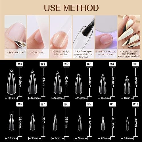 UNA GELLA Stiletto XXL Nail Tips No Need File Extra Long Stiletto Nails Full Cover 120PCS Long Almond Gel Nail Tips Pre-buff Press on Fake Nails for Gel Nail Extension Home DIY Salon 12 Size thumbnail 5