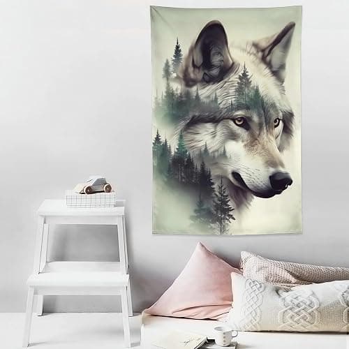 ANMOGID Wolf Tapestry for Bedroom Aesthetic, Mountain Wall Hanging Art, Wolf Decor Wall Art for Living Room Dorm Party Home Decoration 60"x40" thumbnail 9