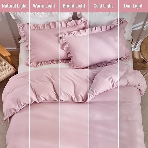 Lekesky Ruffle Duvet Cover Queen Size, Farmhouse Shabby Chic 3 Pieces Washed Microfiber Pink Girls Bedding Set, Soft Aesthetic Queen Comforter Cover with Ruffled Edges, Zipper & Corner Ties thumbnail 8