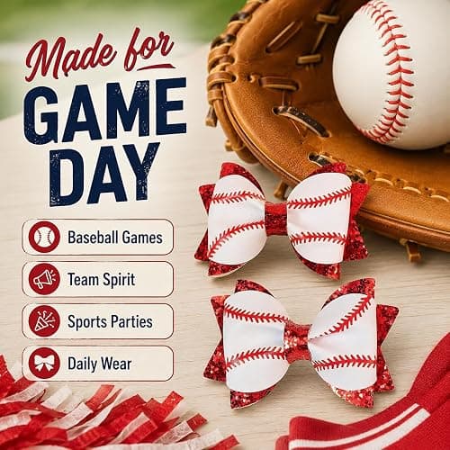 Danyarts 2PCS Baseball Hair Bow Clips for Girls, Game Day Baseball Bows | 2 red glitter baseball bow clips with alligator clips for girls, for game day, softball, team spirit and sports events. thumbnail 6