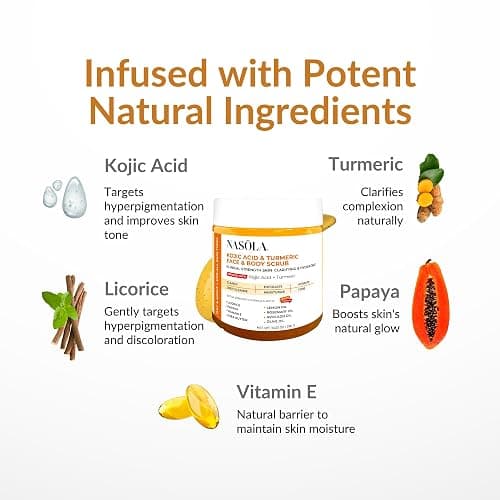Nasola Kojic Acid Turmeric Face and Body Scrub - Moisturizing & Exfoliating Sugar Scrub with Shea Butter & Oils For All Skin Types - Removes Dead Skin for Hydrated Feel, Great Gifts For Women & Men thumbnail 4