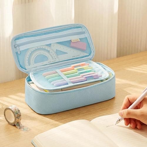 SUNEE Cute Pencil Case, Large Capacity Pencil Pouch, Big Storage Organizer for Stationery, Zipper Pen Bag, Back to School Supplies, Office Organizer Makeup Bag, for Teen Girl Boy Men Women, Blue thumbnail 2
