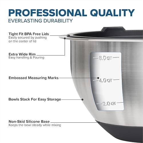 VIKING Mixing Bowls Set, 10 Piece Stainless Steel Kitchen Cookware, Non-Slip Silicone Base, Includes Tight Fit Lids, Dishwasher Safe, Black thumbnail 4