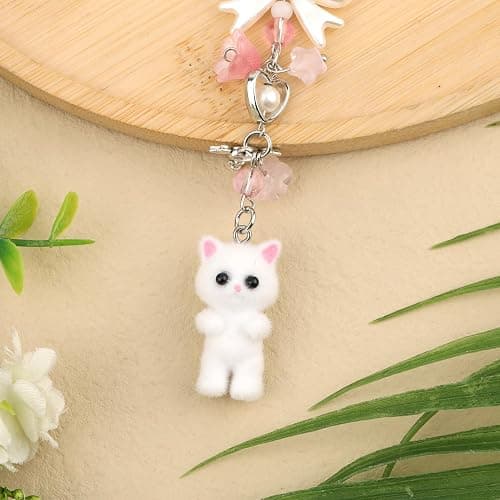 Cat Keychain, Cute Fuzzy Kitty Key Chain White Plush Kitten Charm Keychain with Bow Heart Pendant Stuffed Animal Key Ring for Key Backpack Purse Phone Decor thumbnail 3