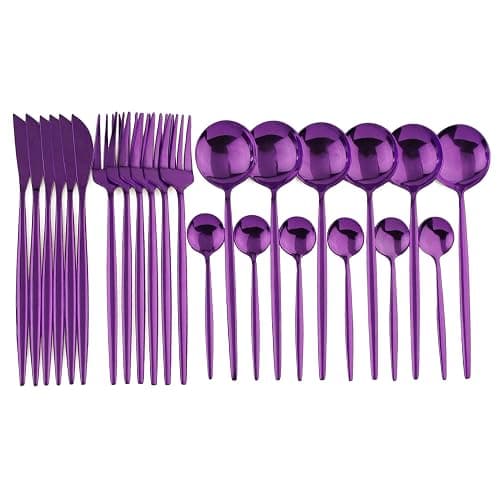 JANKNG 24-Piece Flatware Set, 18/0 Stainless Steel Knife Fork Spoon Teaspoon Silverware Set, Service for 6, MIrror Purple - Image 1