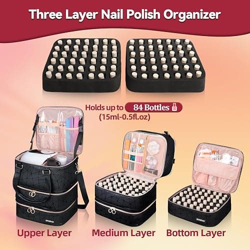 SIYNPAV Nail Polish Organizer Bag Holds 84 Bottles (15ml/0.5fl.oz)& Nail Lamp, 3 Layers Detachable Nail Kit Storage Case PU Leather, Large Travel Nail Supplies Shoulder Bag for Manicure Tools (Black) thumbnail 3