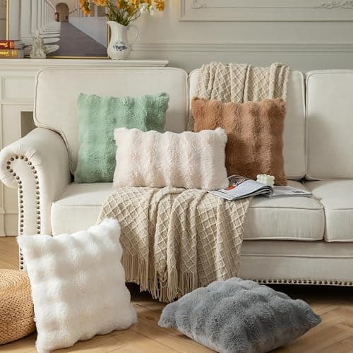 Yaertun Pack of 2 Cream White Thick Soft Wool Decorative Throw Pillow Covers 18x18 Inch Faux Fur Plush Fluffy Cushion Covers for Sofa Couch Bedroom thumbnail 2