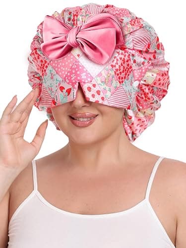 Vettres Double Layer Satin Hair Bonnet with Eye Mask Silk Sleep Cap with Tie Head Wrap for Curly Natural Hair Pink Strawberry - Image 1