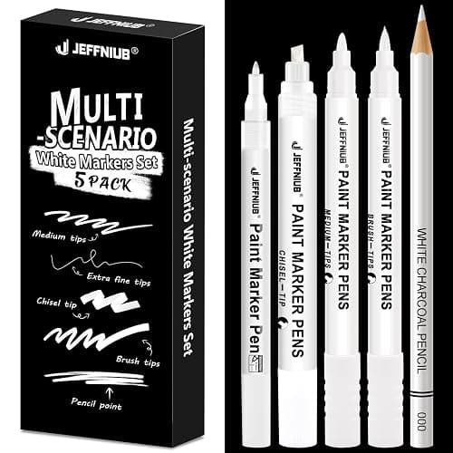 JEFFNIUB Lot de 5 Stylos Blancs pour Art - Set Stylo Opaque avec Pinceau, Fineliner, Crayons et Marqueurs Acryliques - Pour Écriture et Dessin sur Papier Noir - Image 1