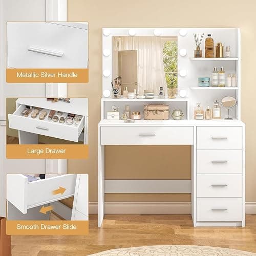 Quimoo Vanity Desk with Mirror & Lights, Makeup Vanity with 5 Drawers & Storage Shelves, White Vanity Table, 3 Color Modes & Adjustable Brightness, Dressing Table, Bedroom thumbnail 6