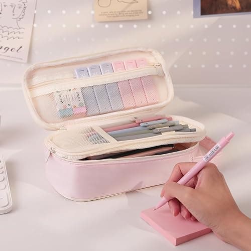 SKYDUE Cute School Supplies 38 PCS, Pencil Case with 12 Pastel Highlighters, 5 Black Gel Pens, Mechanical Pencils, College Essentials Students Stationary Set Pink thumbnail 2