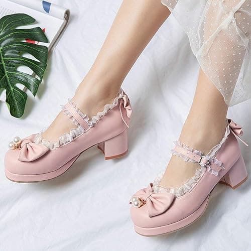 LUXMAX Women Kawaii Mid Block Heel Mary Jane Rockabilly Pumps with Bow Platform Chunky Heel Cute Sweet Shoes - 5 - Pink1 thumbnail 5