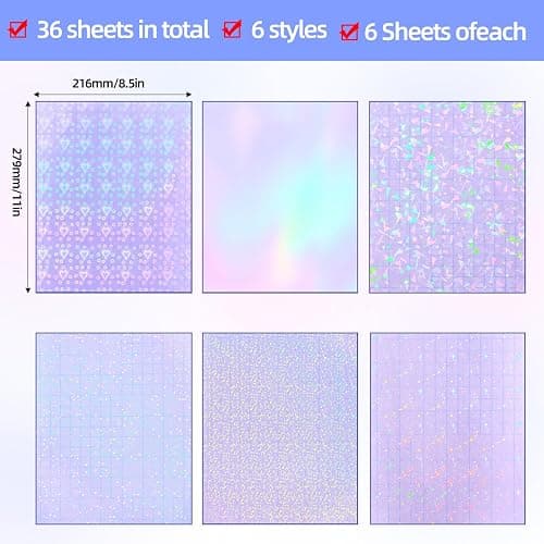 36 Sheets Holographic Sticker Paper, Clear Vinyl Lamination Sticker Film Self Adhesive, Transparent Overlay Laminate Sticker Paper Waterproof-Gem/Dots/Sand Star/Rainbow/Star/Heart, 8.5x11 Inch thumbnail 2
