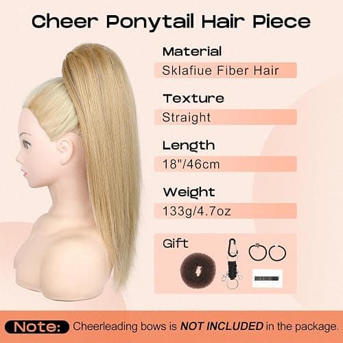 SEIKEA Cheer Ponytail Hair Piece, 18" Straight Cheerleader Hairpiece Ponytail Extension for Cheer Competitions, Dance, Costume, Dress up, Soft Natural Look for Teens Girls Blonde thumbnail 2