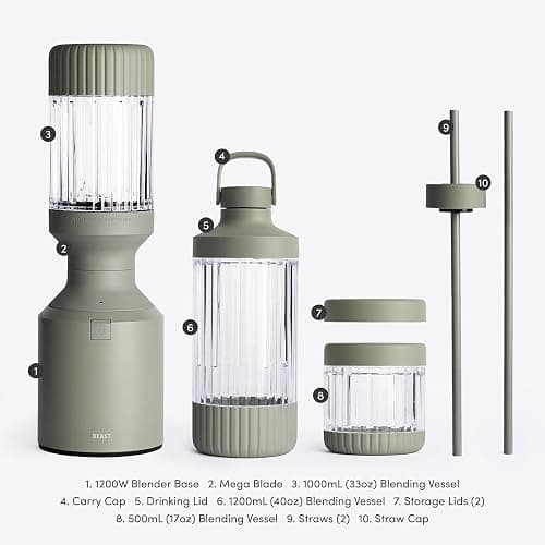 Beast Mega 1200 Plus | Premium Countertop Blender | Smoothies, Shakes, Sauces, Dips, Soups | Blends Ice and Frozen Fruit | XL Vessel | With Extra Vessels, Straw System | 1200W | (Sage, 120V) thumbnail 7