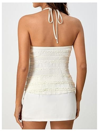 SOLY HUX Women's Peplum Halter Crop Tops Y2K Drawstring Tie Ruched Dressy Casual Spaghetti Strap Cami Top - Small - Apricot thumbnail 3