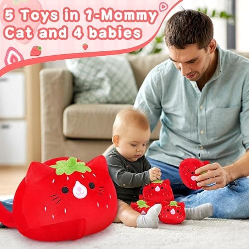 5 PCS Strawberry Cat Plush Stuffed Animal Family-19" Soft Strawberry Cat Plush, Large Mommy Plushies with 4 Baby Kittens Plushies, Kawaii Plushie Toy Christmas Birthday Gifts for Kids Boys thumbnail 5
