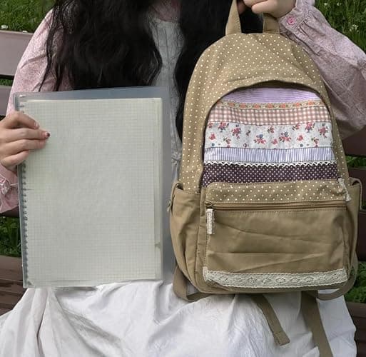 Wayolyn Floral Print Backpack Kawaii Polka Dot Print Shoulder Bag Cutecore Lace Canvas Backpack Vintage Shoujo Casual Bags (Brown) thumbnail 4