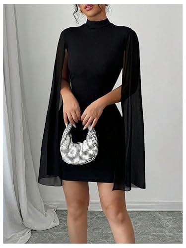 IQLWI Women's Sexy Glitter Mini Dress Mock Neck Cloak Sleeve Cocktail Shimmering Elegant Dresses Wedding Guest Party Evening thumbnail 5