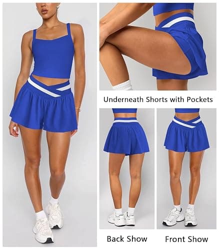 Hragc Womens Athletic Workout Shorts Flowy Butterfly Elastic Crossover High Waisted 2 in 1 Running Shorts Pockets for Women thumbnail 2
