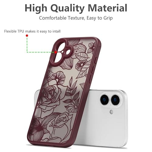 XIZYO for iPhone 16 Case Cute Floral, Wine Red | Girly Women Flower Rose Aesthetic Burgundy Pattern, Full Camera Protection Translucent Matte Anti-Yellowing Shockproof Cover thumbnail 7
