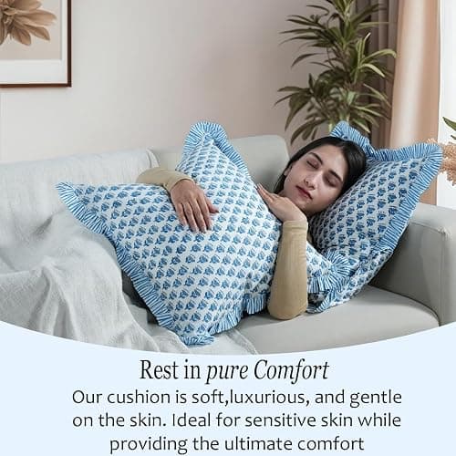 CPC Apatite Blue 100% Cotton Block Print Ruffle Pillow Cover 16X16 inch, Handmade Boho Floral Pillowcase, Farmhouse Cottagecore Bedding, Soft Decorative Cushion Cover for Bedroom Décor thumbnail 7